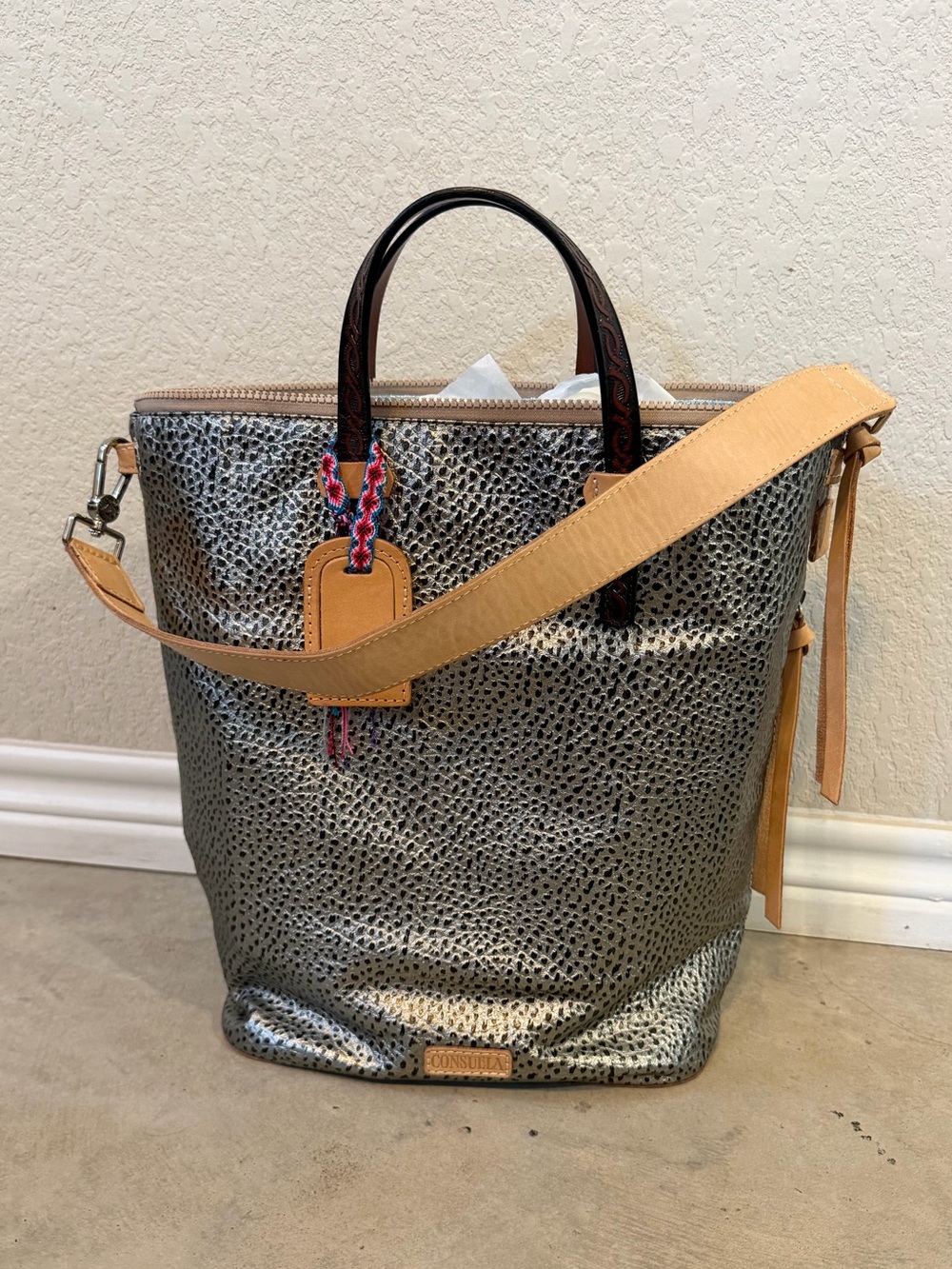 Consuela Silver Metallic Hobo with Tan Strap